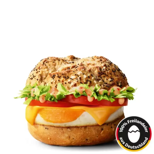 Big Morning Egg – frisches Ei und geschmolzener Käse auf einem Vollkornbrötchen, vegetarisch